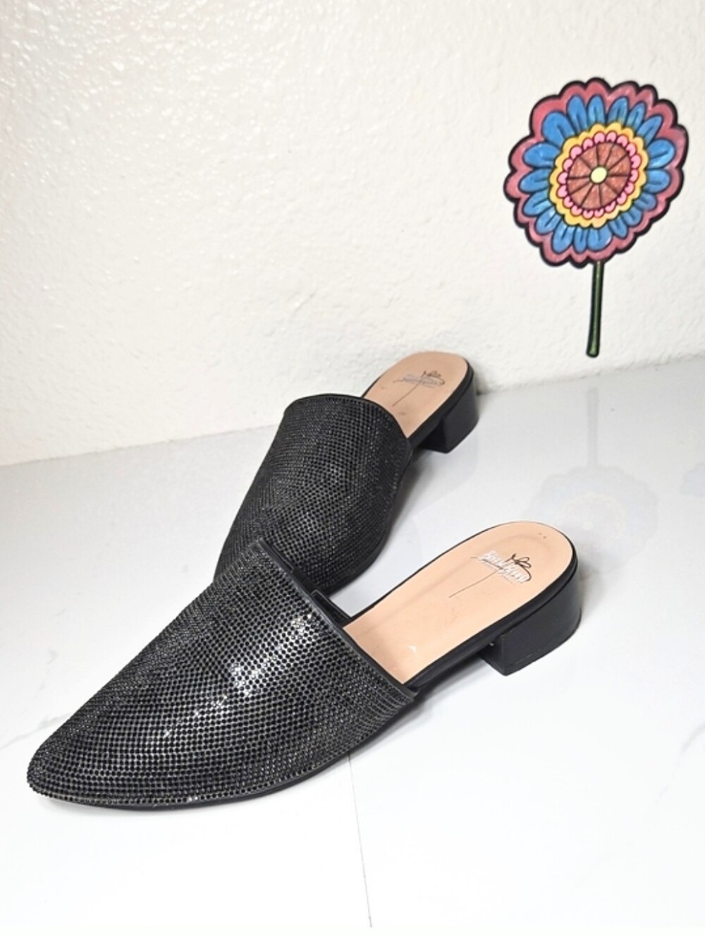 Bisou Bisou Loretta Embellished Black Rhinestone Pointed Toe Mule Loafers Size 8